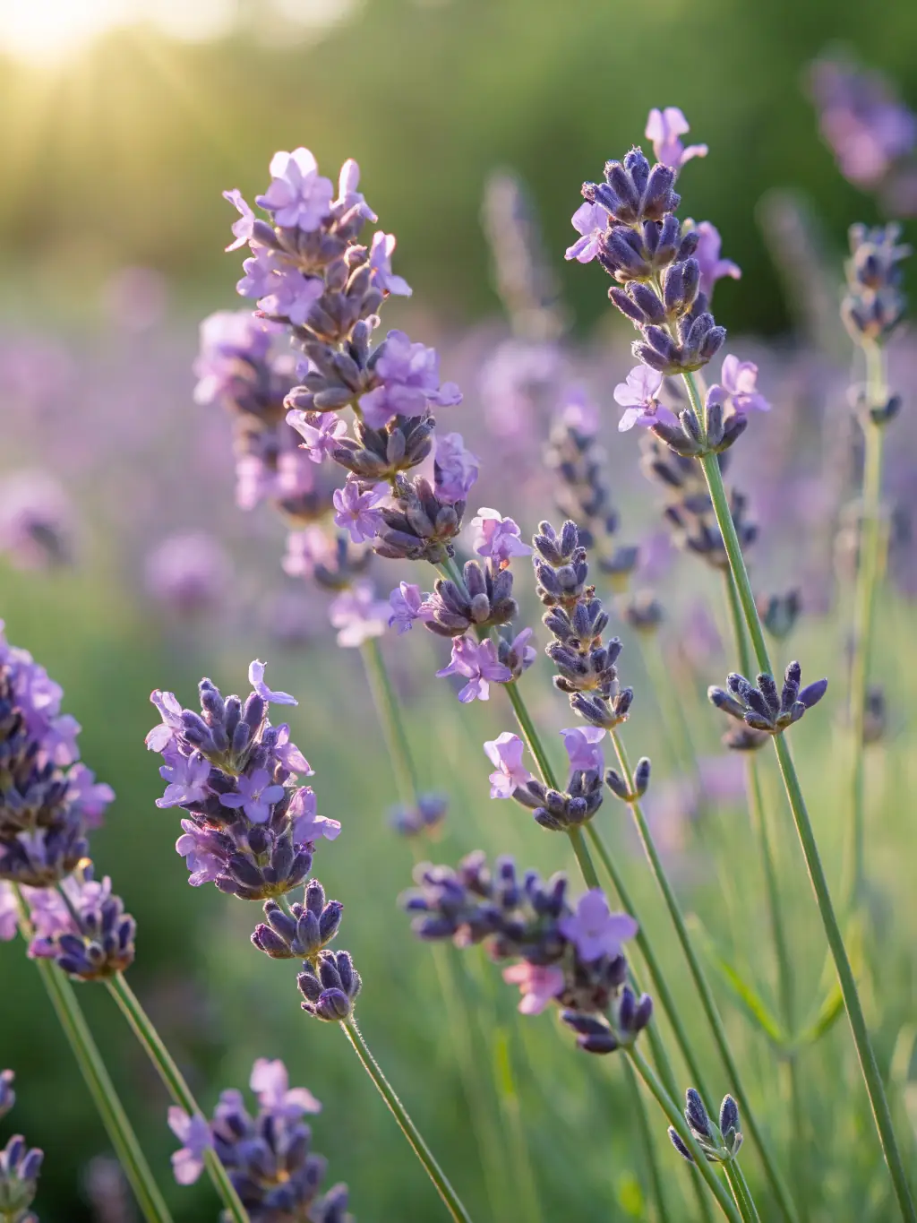 A Lavender Plant with tall, slender stems topped with clusters of small purple flowers, set in a sunny outdoor garden.