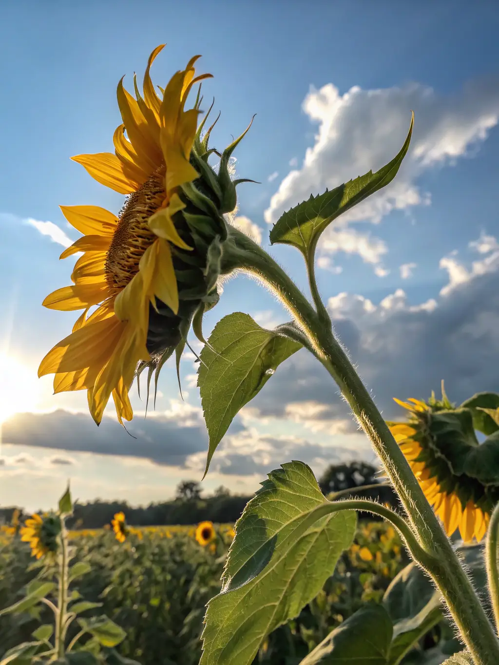A cheerful Sunflower plant with a large, bright yellow flower head facing the sun, set in a sunny garden.